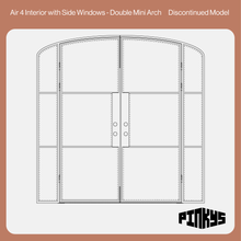 Load image into Gallery viewer, Technical drawing of a double mini arch window with side windows on a white background, featuring the Pinkys brand.