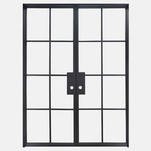 Load image into Gallery viewer, Double Flat Black Steel Door with Removable Threshold for entry doors, patio and french doors. Comes with Polyurethane dual foam weather stripping inside each frame, and 8 tempered single pane glass on each door - PINKYS