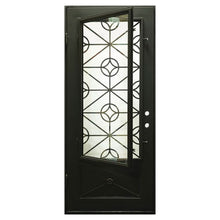 Load image into Gallery viewer, Single entryway door made of black iron and steel with a single large window, an intricate iron design, and a solid bottom panel. Door is thermally broken to protect from extreme weather.