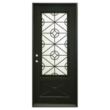 Load image into Gallery viewer, Single entryway door made of black iron and steel with a single large window, an intricate iron design, and a solid bottom panel. Door is thermally broken to protect from extreme weather.