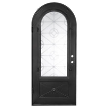 Load image into Gallery viewer, Single entryway door made of black iron and steel with a single large window, an intricate iron design, a full arch, and a solid bottom panel. Door is thermally broken to protect from extreme weather.