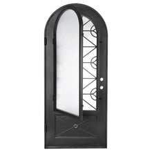 Load image into Gallery viewer, Single entryway door made of black iron and steel with a single large window, an intricate iron design, a full arch, and a solid bottom panel. Door is thermally broken to protect from extreme weather.