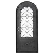 Load image into Gallery viewer, Single entryway door made of black iron and steel with a single large window, an intricate iron design, a full arch, and a solid bottom panel. Door is thermally broken to protect from extreme weather.