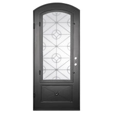 Load image into Gallery viewer, Single entryway door made of black iron and steel with a single large window, an intricate iron design, a slight arch, and a solid bottom panel. Door is thermally broken to protect from extreme weather.
