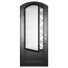 Load image into Gallery viewer, Single entryway door made of black iron and steel with a single large window, an intricate iron design, a slight arch, and a solid bottom panel. Door is thermally broken to protect from extreme weather.