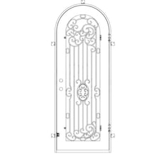 Load image into Gallery viewer, Single entryway door made with a thick iron and steel frame, a full arch on top and a full-length glass panel behind an intricate iron design. Door is thermally broken to protect from extreme weather.