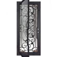 Load image into Gallery viewer, Single entryway door with a thick iron frame and a full panel of glass behind an intricate iron design. Door is thermally broken to protect from extreme weather.
