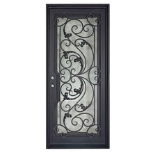 Load image into Gallery viewer, Single entryway door with a thick iron frame and a full panel of glass behind an intricate iron design. Door is thermally broken to protect from extreme weather.