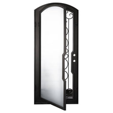 Load image into Gallery viewer, Single entryway door with a thick iron frame, a slight arch and a full panel of glass behind an intricate iron design. Door is thermally broken to protect from extreme weather.