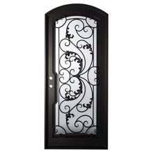 Load image into Gallery viewer, Single entryway door with a thick iron frame, a slight arch and a full panel of glass behind an intricate iron design. Door is thermally broken to protect from extreme weather.