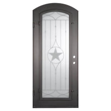 Load image into Gallery viewer, Single entryway door made with a thick iron and steel frame. Door features a full panel of glass behind iron detailing with a large star in the center and a slight arch on top. Door is thermally broken to protect from extreme weather.