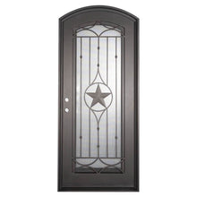 Load image into Gallery viewer, Single entryway door made with a thick iron and steel frame. Door features a full panel of glass behind iron detailing with a large star in the center and a slight arch on top. Door is thermally broken to protect from extreme weather.