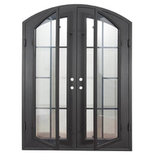 Load image into Gallery viewer, Double entryway doors made with a thick iron and steel frame with a slight arch. Doors feature full length panels of glass behind iron detailing and are thermally broken to protect from extreme weather.