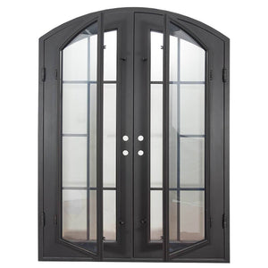 Double entryway doors made with a thick iron and steel frame with a slight arch. Doors feature full length panels of glass behind iron detailing and are thermally broken to protect from extreme weather.