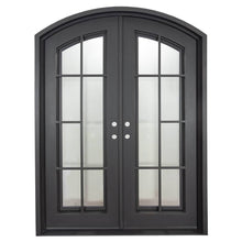 Load image into Gallery viewer, Double entryway doors made with a thick iron and steel frame with a slight arch. Doors feature full length panels of glass behind iron detailing and are thermally broken to protect from extreme weather.
