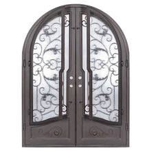 Load image into Gallery viewer, Double entryway doors featuring a full pane of glass behind an intricate iron pattern on each door and a full arch on top. Doors are thermally broken to protect from extreme weather.