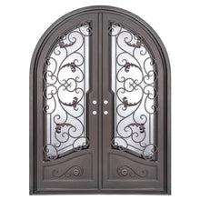 Load image into Gallery viewer, Double entryway doors featuring a full pane of glass behind an intricate iron pattern on each door and a full arch on top. Doors are thermally broken to protect from extreme weather.