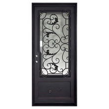 Load image into Gallery viewer, Single entryway door made with a thick iron and steel frame and a single paned window behind an intricate iron design. Door is thermally broken to protect from extreme weather.