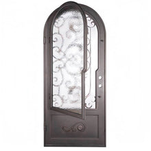 Load image into Gallery viewer, Single entryway door made with a thick iron and steel frame and a single paned window behind an intricate iron design. Door is thermally broken to protect from extreme weather.