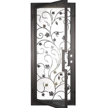 Load image into Gallery viewer, Single entryway door with a thick iron and steel frame and an intricate iron pattern in front of a full panel of glass. Door is thermally broken to protect from extreme weather.
