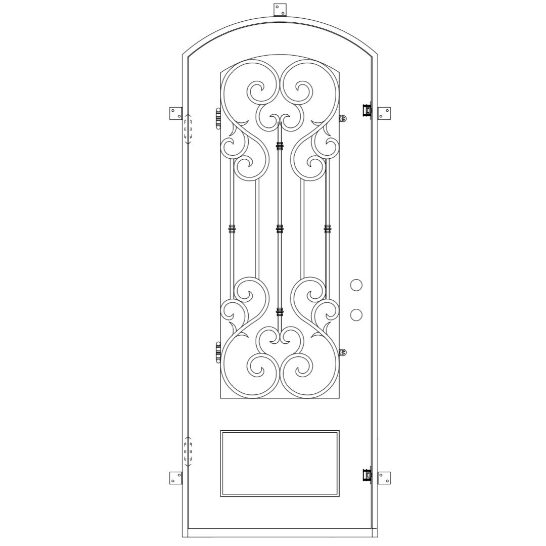 Single entryway door with a thick iron frame, intricate iron detailing behind a 3/4 pane of glass, and a slight arch. Door is thermally broken to protect from extreme weather.