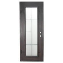 Load image into Gallery viewer, Single entryway door made with a thick iron and steel frame. Door features a full length panel of glass behind iron detailing and is thermally broken to protect from extreme weather.