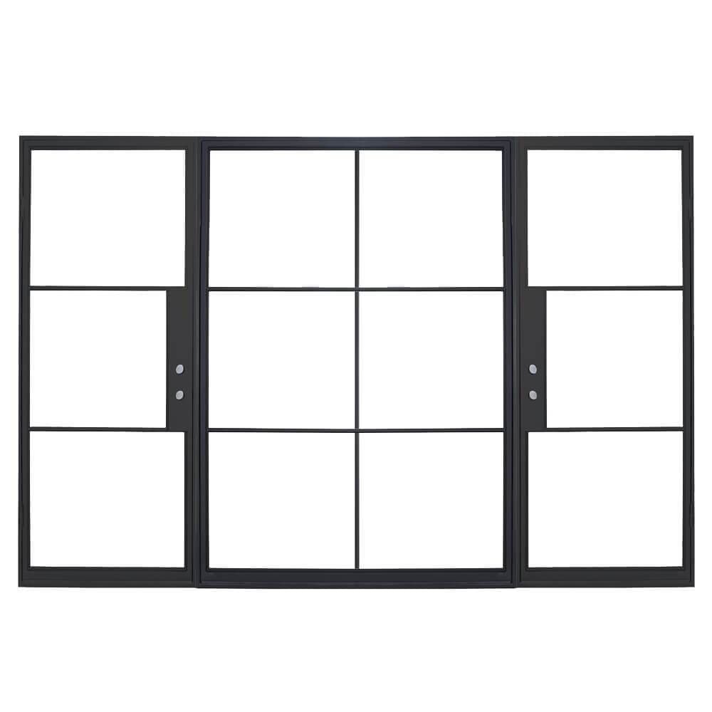 Dual single opening steel doors and fixed middle panle with 12 tempered glass panes held by dividers for Patio or entry door - PINKYS