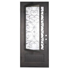 Load image into Gallery viewer, Single entryway door with a thick iron frame and intricate iron detailing behind a 3/4 pane of glass. Door features a slight arch and is thermally broken to protect from extreme weather.