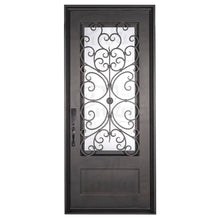 Load image into Gallery viewer, Single entryway door with a thick iron frame and intricate iron detailing behind a 3/4 pane of glass. Door features a slight arch and is thermally broken to protect from extreme weather.