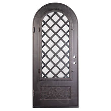 Load image into Gallery viewer, Single entryway door made of iron and steel. Door features a kickplate with iron detailing, a 3/4 glass panel behind iron detailing and a full arch. Door is thermally broken to protect from extreme weather.