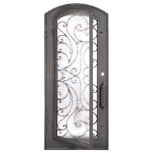 Load image into Gallery viewer, Single entryway door with a full length pane of glass behind intricate iron detailing. Door features a slight arch and is thermally broken to protect from extreme weather.