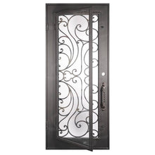 Load image into Gallery viewer, Single entryway door with a full glass panel behind intricate iron detailing. Door is made of iron and steel and is thermally broken to protect from extreme weather.