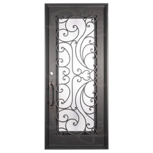 Load image into Gallery viewer, Single entryway door with a full glass panel behind intricate iron detailing. Door is made of iron and steel and is thermally broken to protect from extreme weather.
