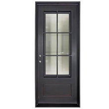 Load image into Gallery viewer, Single entryway door made with a thick iron frame. Door has a 3/4 glass window panel with window-frame detailing and is thermally broken to protect from extreme weather.