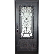 Load image into Gallery viewer, Single entryway door made from thick iron. Door has a 3/4 glass panel behind intricate iron detailing and is thermally broken to protect from extreme weather.