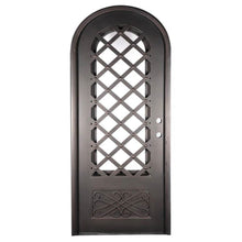 Load image into Gallery viewer, Single entryway door made of iron and steel. Door features a kickplate with iron detailing, a 3/4 glass panel behind iron detailing and a full arch. Door is thermally broken to protect from extreme weather.