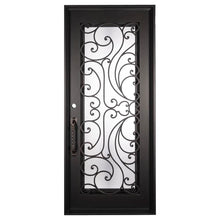 Load image into Gallery viewer, Single entryway door with a full glass panel behind intricate iron detailing. Door is made of iron and steel and is thermally broken to protect from extreme weather.
