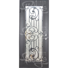 Load image into Gallery viewer, Single entryway door with a thick iron and steel frame and a full pane of glass behind intricate iron detailing. Door is thermally broken to protect from extreme weather.