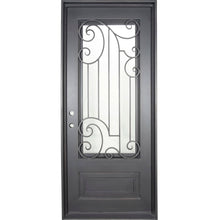 Load image into Gallery viewer, Single entryway door with a full length pane of glass behind intricate iron detailing and a thick iron frame. Door is thermally broken to protect from extreme weather.