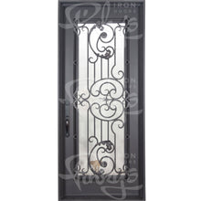 Load image into Gallery viewer, Single entryway door with a thick iron and steel frame and a full pane of glass behind intricate iron detailing. Door is thermally broken to protect from extreme weather.