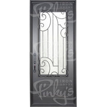 Load image into Gallery viewer, Single entryway door with a full length pane of glass behind intricate iron detailing and a thick iron frame. Door is thermally broken to protect from extreme weather.