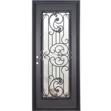 Load image into Gallery viewer, Single entryway door with a thick iron and steel frame and a full pane of glass behind intricate iron detailing. Door is thermally broken to protect from extreme weather.