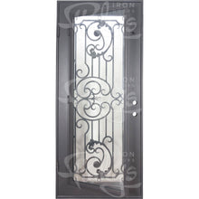 Load image into Gallery viewer, Single entryway door with a thick iron and steel frame and a full pane of glass behind intricate iron detailing. Door is thermally broken to protect from extreme weather.