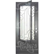 Load image into Gallery viewer, Single entryway door with a full length pane of glass behind intricate iron detailing and a thick iron frame. Door is thermally broken to protect from extreme weather.
