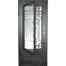 Load image into Gallery viewer, Single entryway door made from thick iron. Door has a 3/4 glass panel behind intricate iron detailing and is thermally broken to protect from extreme weather.