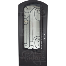 Load image into Gallery viewer, Single entryway door with a full length pane of glass behind intricate iron detailing and a thick iron frame. Door is thermally broken to protect from extreme weather.
