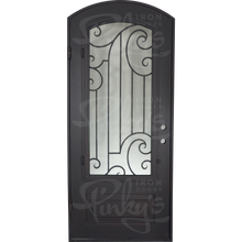 Load image into Gallery viewer, Single entryway door with a full length pane of glass behind intricate iron detailing and a thick iron frame. Door is thermally broken to protect from extreme weather.