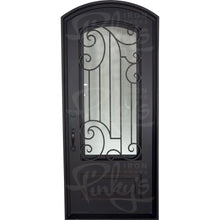 Load image into Gallery viewer, Single entryway door with a full length pane of glass behind intricate iron detailing and a thick iron frame. Door is thermally broken to protect from extreme weather.