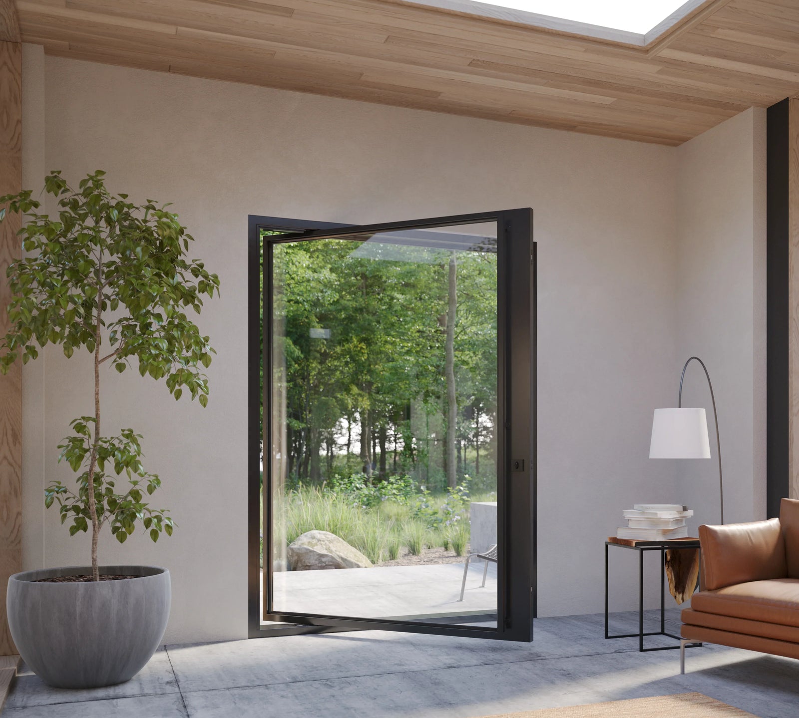 contemporary steel pivot door in luxury home