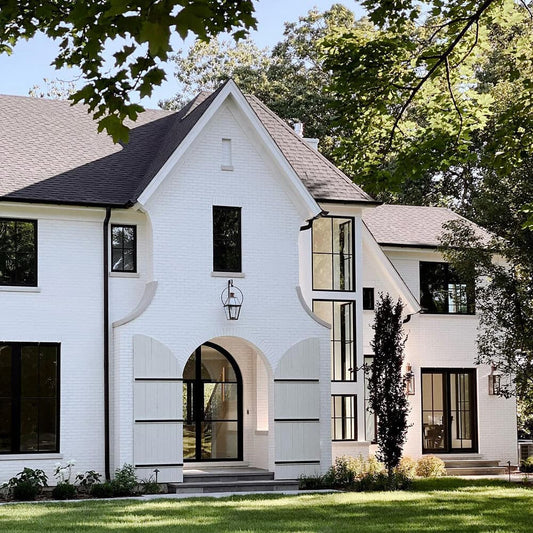 Arched Black double opening steel door with 6 tempered glass panes held by dividers for Patio or entry door - PINKYS